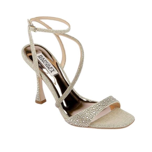 Badgley Mischka Sally Curvy Heel Stiletto Sandal Gemstone Plantino Gold NEW 10 - Picture 1 of 13